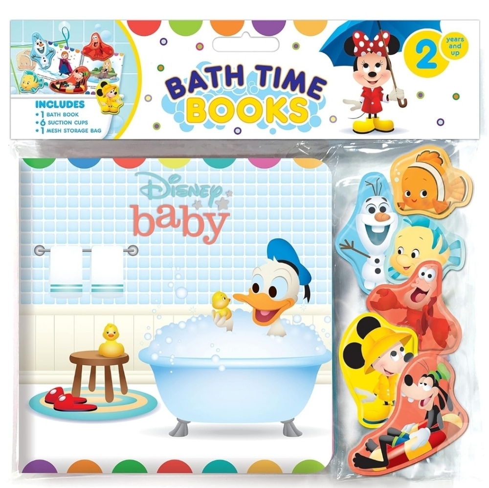 Disney Baby Bath Time Book - Activity Bath book, 6 Padded suction Cups, Mesh Bag